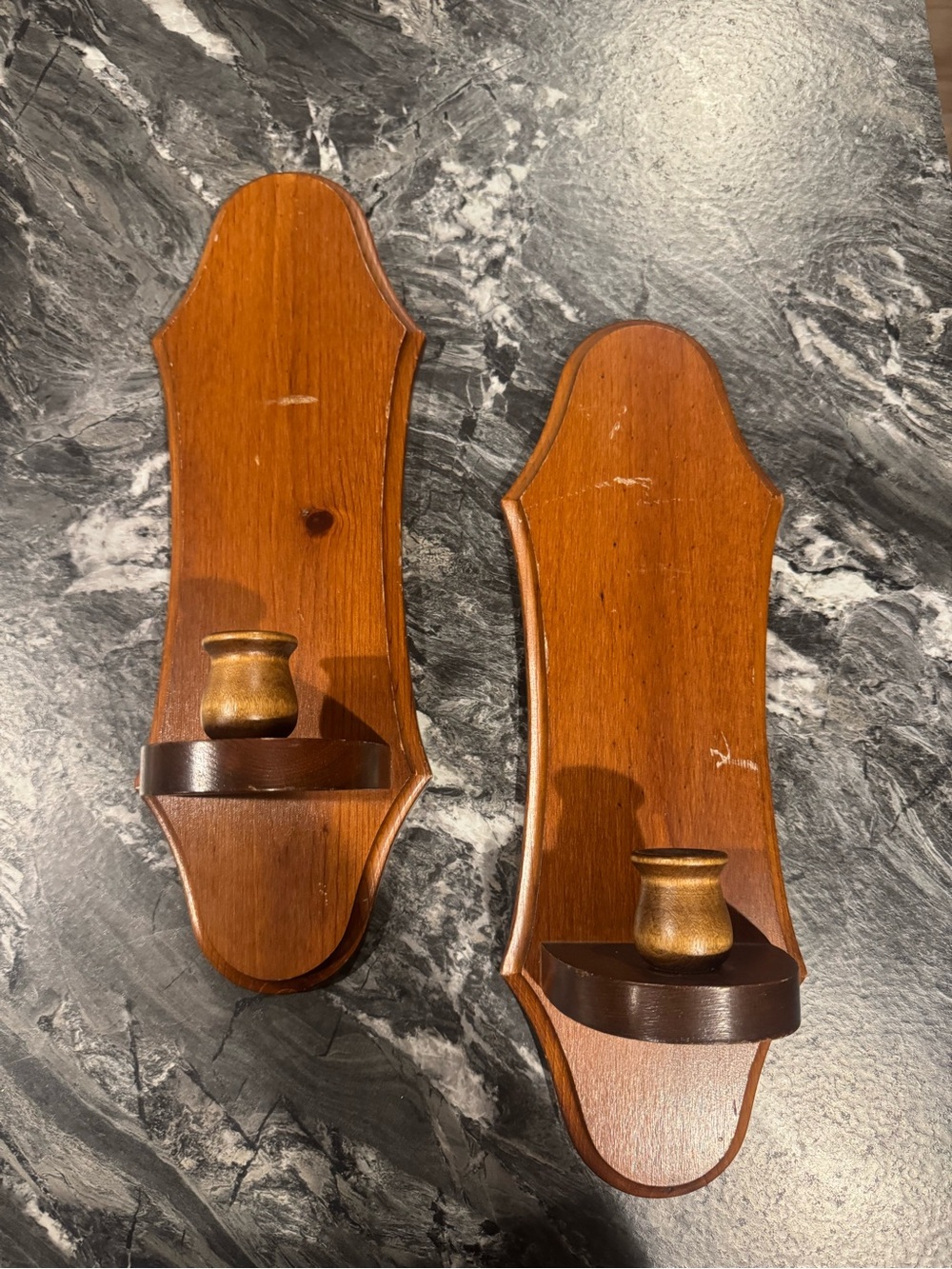 Vintage Wooden Wall Sconces Pair in Warm Brown - Unbranded